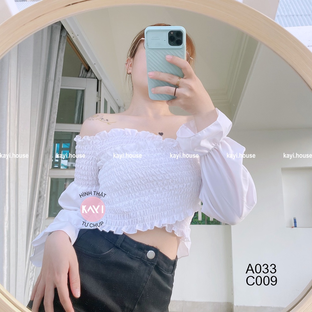 Áo Croptop Trễ Vai Đắp Chéo Nhún Thân Tay Dài 033