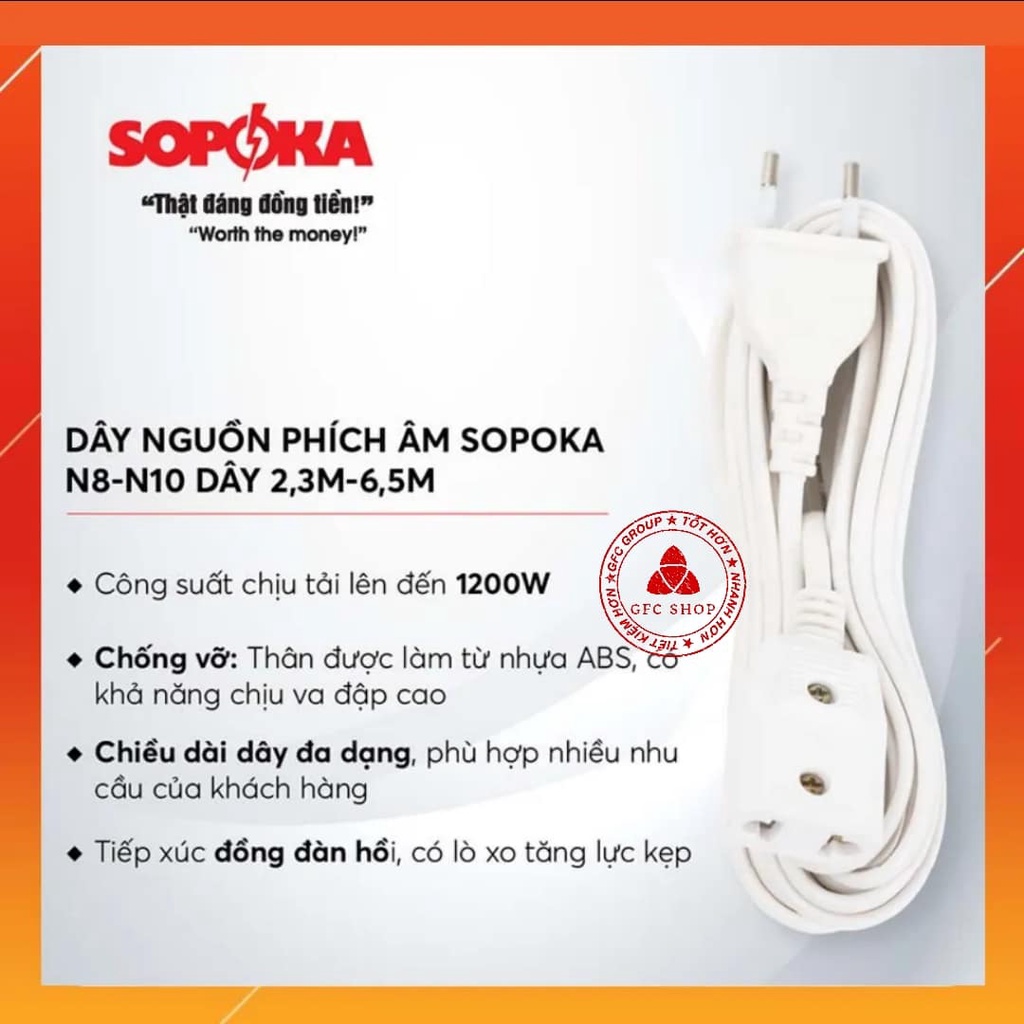 Dây nguồn phích âm SOPOKA Dây dài 2.3m-3.9m-6.5m Model N8 N9 N10 trắng 1200W 7A-250V