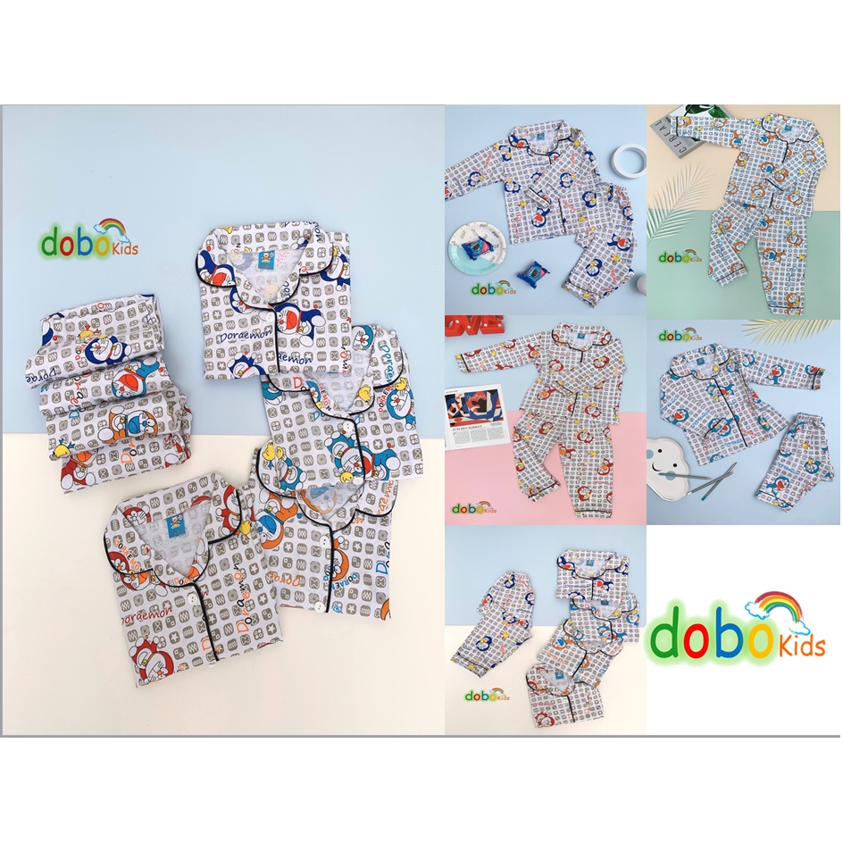 Đồ bộ ngủ dài tay bé trai bé gái,pijama trẻ em Dobokids hình doraemon chất thun cotton co dãn thoáng mát size 18-33kg