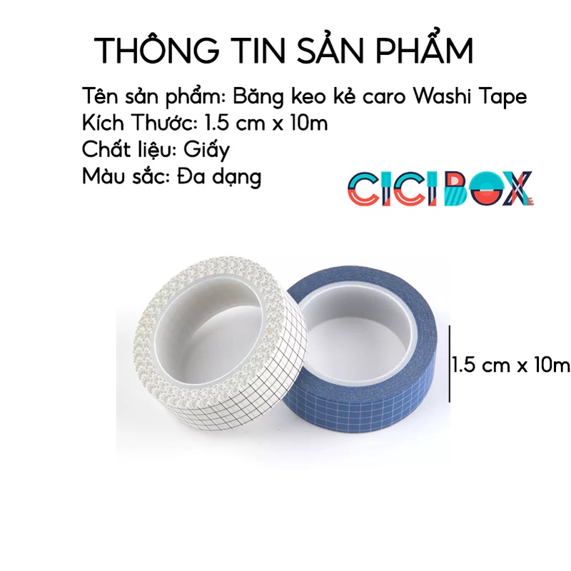 Cuộn băng giấy washi trang trí đa năng 10m, Cuộn băng keo Washi Tape Caro nhiều màu sắc CICIBOX