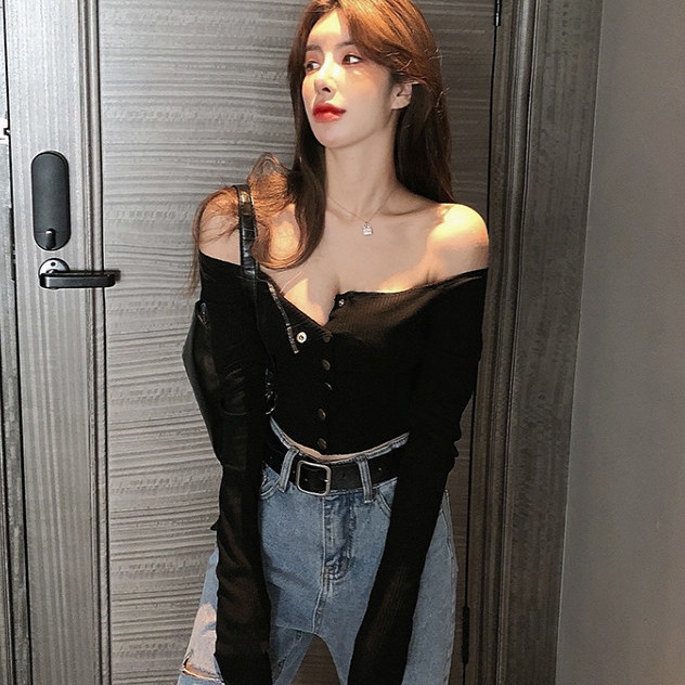 Áo croptop Tay Dài Thiết Kế Trễ Vai Quyến Rũ