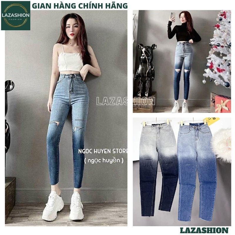 Quần jeans bò nữ loang mầu rách gối kiểu dáng hàn quốc ống bó ôm sát tôn dáng chân dài cạp cao -LAZASHION