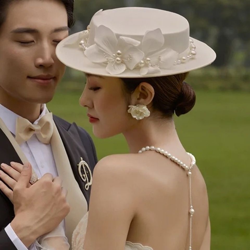 Mũ Vành Phẳng Đính Ngọc Trai Hình Hoa Phong Cách Mori Hàn Quốc Cổ Điển Dành Cho Cô Dâu/Tiệc Cưới/Làm Đạo Cụ Chụp Ảnh