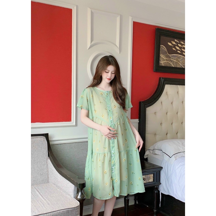 Váy bầu công sở,Đầm bầu dự tiệc sang chảnh , von hoa nhí 2 lớp, thoáng mát