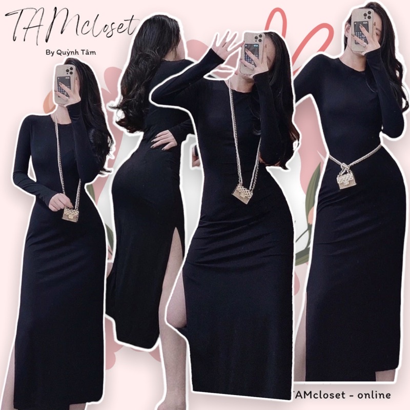 Đầm maxi body thun tay dài xẻ tà hai bên - TK116