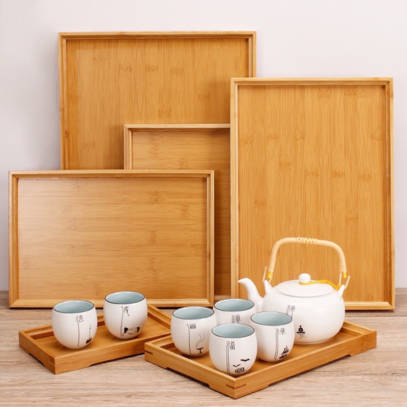 Khay gỗ tre tự nhiên phong cách Nhật Bản, khay trà gỗ chữ Nhật