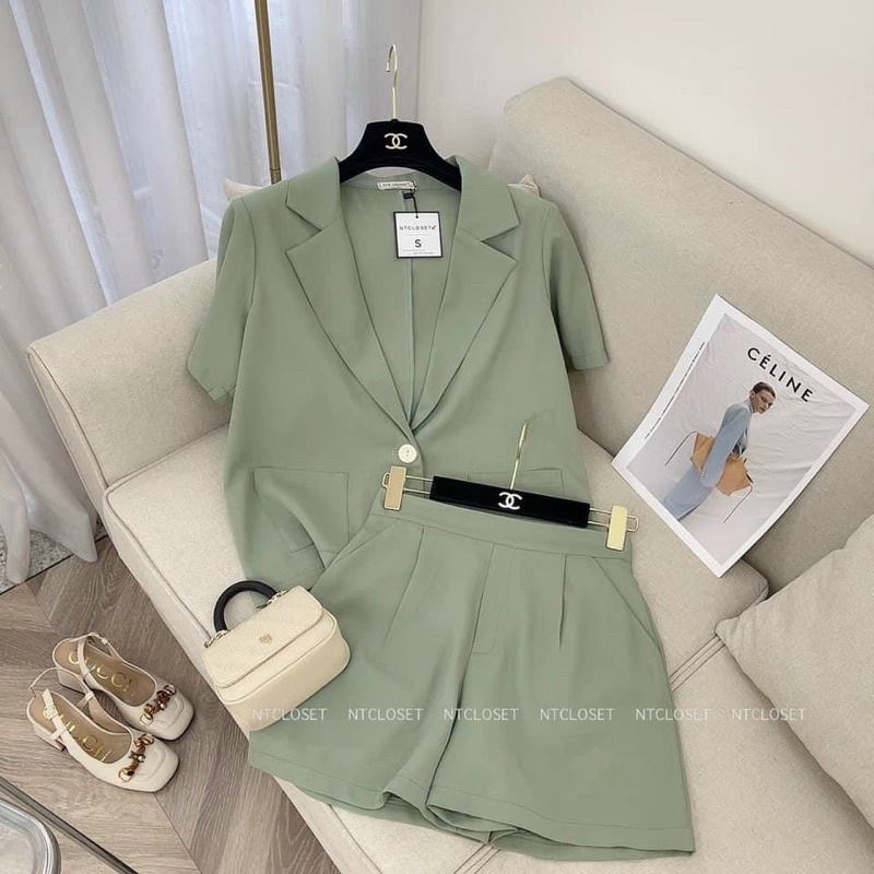 Set áo blazer cộc tay kèm quần short chất voan