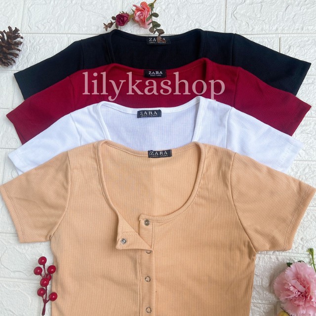 Áo croptop nữ cổ tròn có nút tay ngắn chất thun gân ôm body Lilykashop AC04
