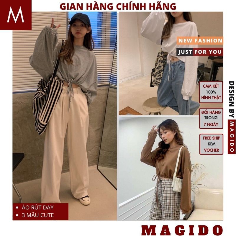 Áo croptop rút eo nữ 💚 áo nữ chun eo trơn dài tay unisex ,áo nữ rút eo XÁM CÁCH HÀN QUỐC 3 MẦU CUTE MAGIDO