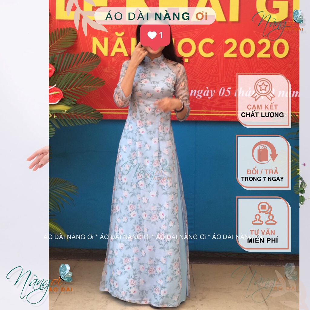 Áo Dài Hoa Nhí 4 Tà Xanh Hoa Hồng Truyền Thống Lụa Tơ Hoa Đẹp