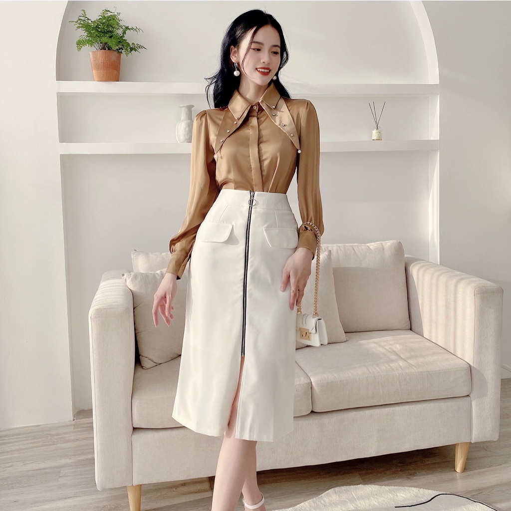 Áo sơ mi nữ lụa mềm 2 lớp cổ đính ngọc công sở HILA