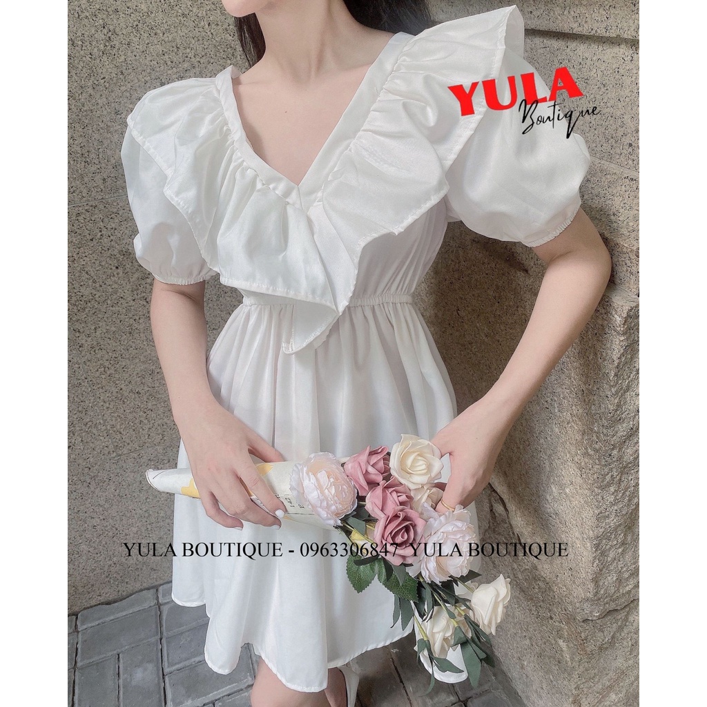 Váy babydoll nữ, tay phồng tiểu thư, bèo cánh tiên, chun eo, có thắt nơ sau | BigBuy360 - bigbuy360.vn
