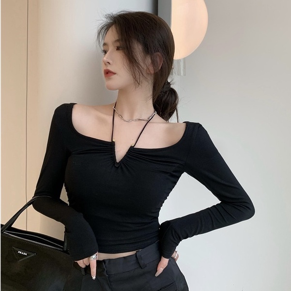 Cocory vn Áo croptop tay dài hở vai 4 màu tùy chọn thời trang quyến rũ dành cho nữ