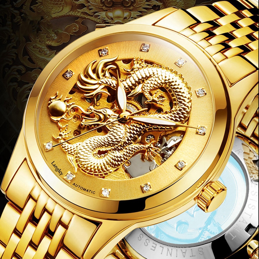 LANGLEY 3D Dragon Design Genuine Leather/Full Stainless Steel Automatic Mechanical Watch Double press butterfly clasp