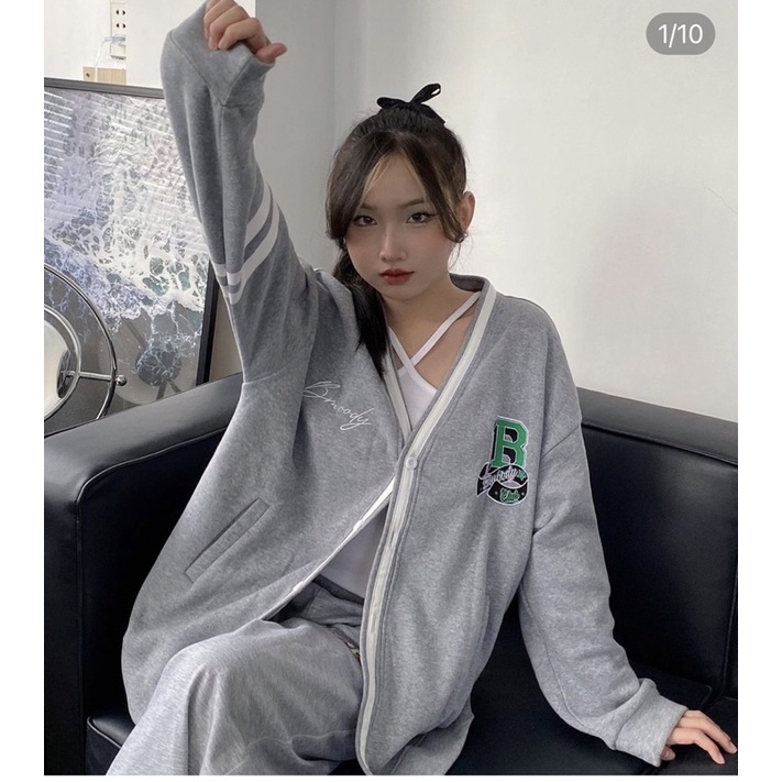Áo Cardigan, Áo Khoác Chữ B Xanh, Xám Đen Sọc Tay Viền Trắng Nam Nữ Form Rộng
