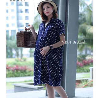 Đầm bầu công sở, váy bầu công sở, váy bầu thiết kế ngắn tay dáng suông chấm bi mềm mát, cúc thật đóng mở,váy bầu mùa hè