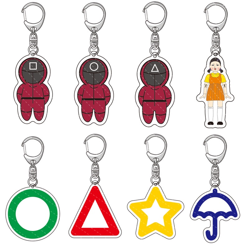 Móc khoá Acrylic người đàn ông hoodie đỏ biểu tượng tam giác tròn vuông cho fan phim Squid Game Hàn Quốc