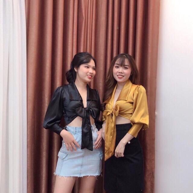 ÁO SƠMI PHI BÓNG CROPTOP CỘT ( kèm video)