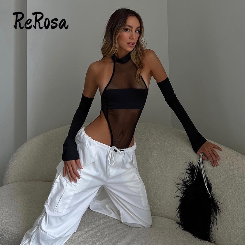 Rerosa Bộ Áo Liền Quần Cổ Thuyền Phối Lưới Ôm Dáng Quyến Rũ Cho Nữ | BigBuy360 - bigbuy360.vn