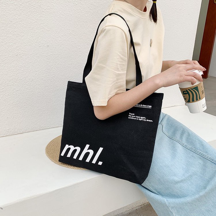 Túi Tote Vải Canvas MHL Nữ phong cách Ulzzang Có Khóa Kéo chất liệu dày dặn