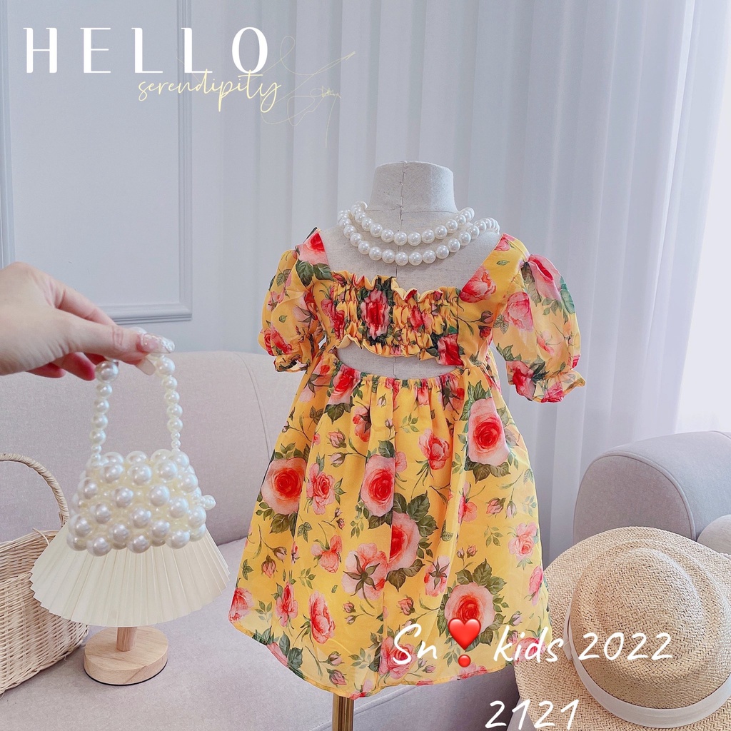 Váy hoa nhí hở lưng cho bé gái, váy tơ hoa ép chun hở lưng 4 màu dễ thương cho bé