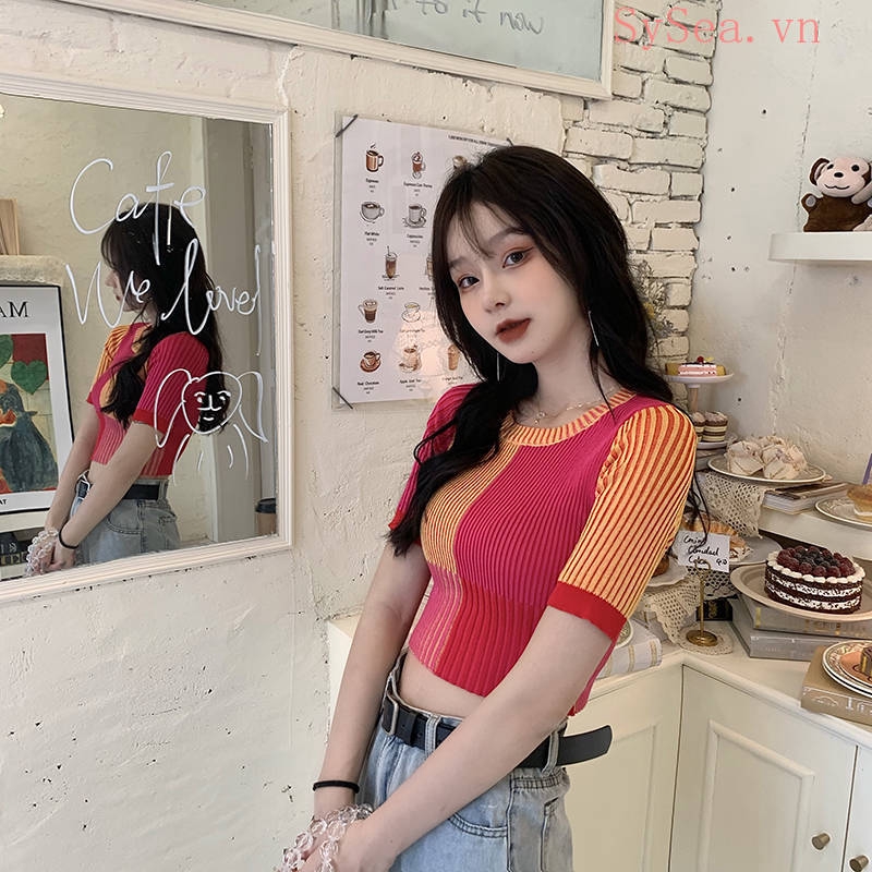 Áo Croptop Ngắn Tay Ôm Dáng Phối Màu Cầu Vồng Xinh Xắn Dành Cho Nữ