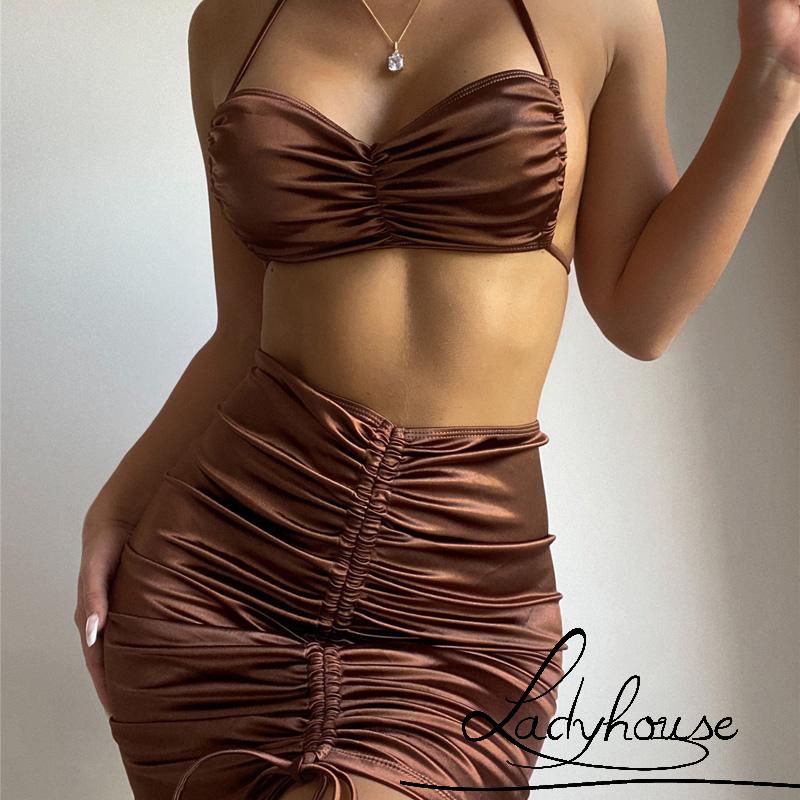 Bộ Đồ Bơi Bikini Áo Hai Dây + Chân Váy Rút Dây Màu Sắc Trơn Dành Cho Nữ