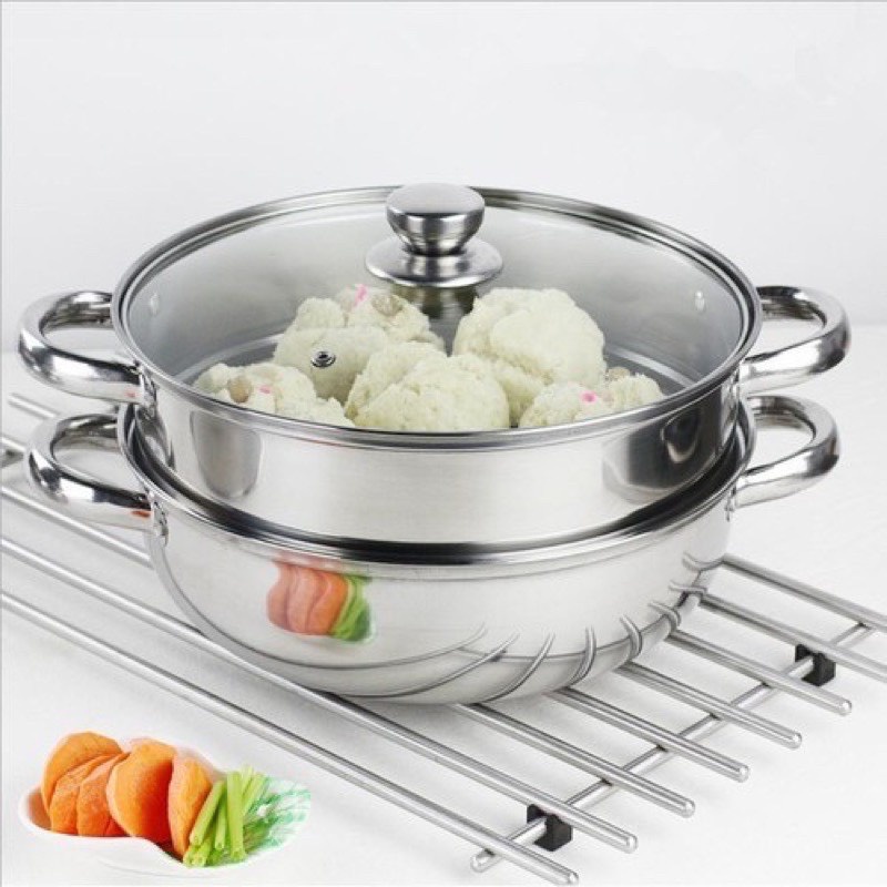 Bộ xửng hấp inox 28cm - nồi hấp đa năng 2 tầng cao cấp nắp kính tiện dụng hấp xôi - hấp bánh bao