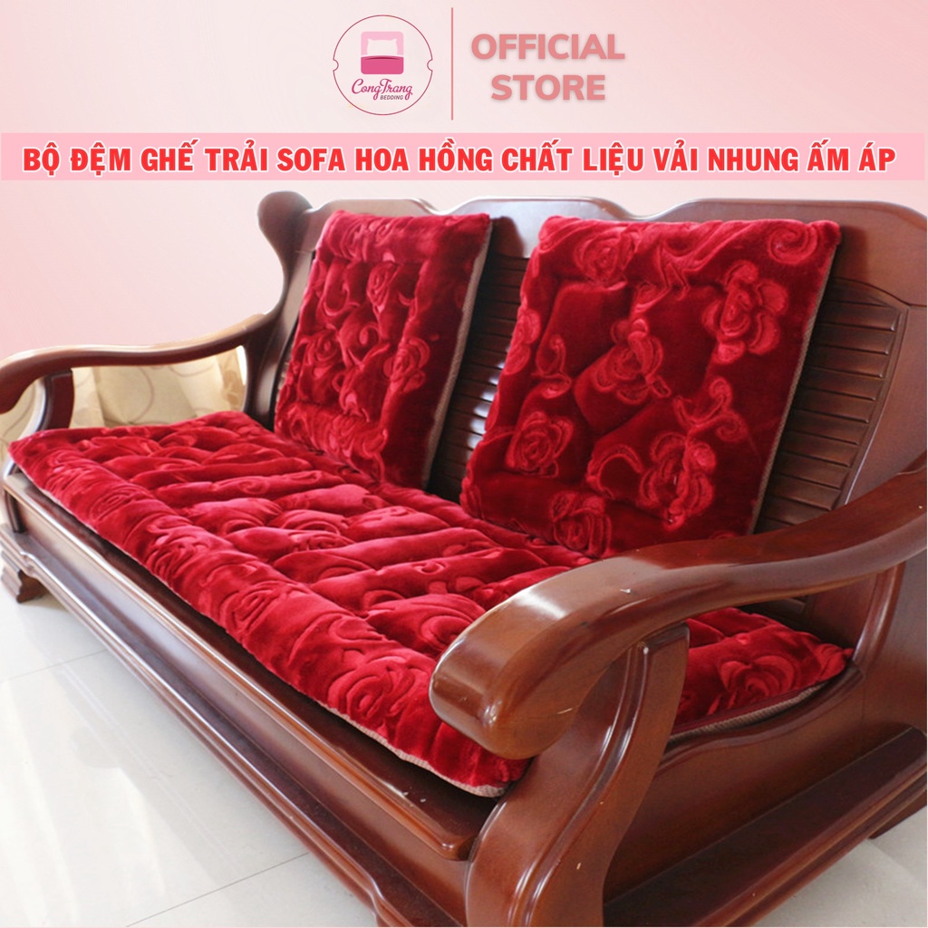 ( Quà tặng miếng dán 3M ) Bộ Đệm Ghế Gỗ, Trường Kỷ Sofa Hoa Hồng Chất Liệu Vải Nhung Ấm Áp ( Trọn Bộ 1 dài 2 ngắn)