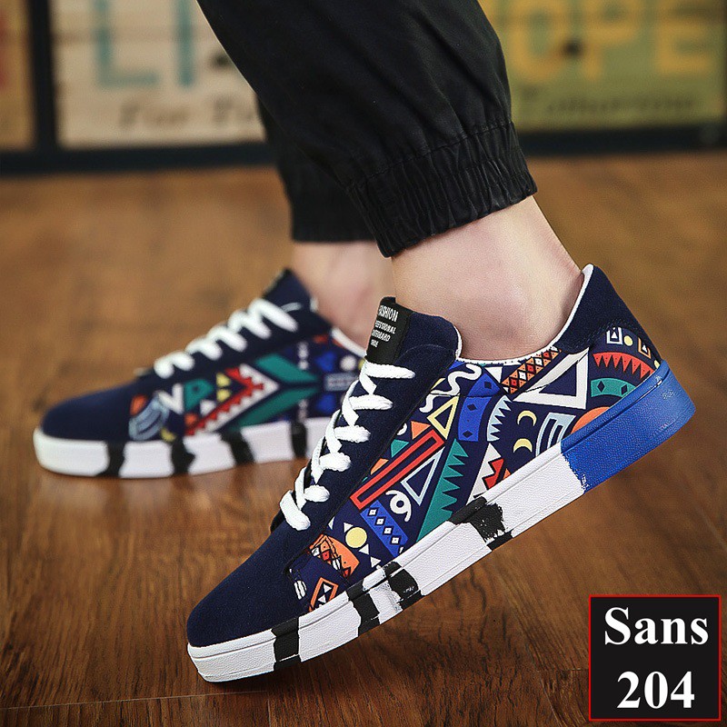 Giày sneaker nam thể thao Sans204 màu đen xanh họa tiết