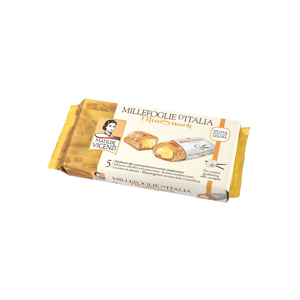 Bánh puff pastry Ý Vicenzi cuộn kem hạt phỉ, pastry cream Millefoglie Ditalia Mini Snack 125g