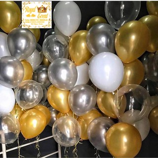 Combo 100 vỏ bóng bay cao su vàng đồng trắng và màu ghi nhũ