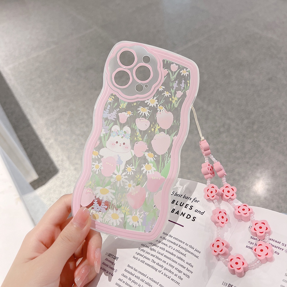 Ốp Điện Thoại Mềm Chống Sốc In Hình Thỏ Hoa Dễ Thương Viền Gợn Sóng + Dây Đeo Cho iPhone 13 12 11 Pro XS Max X XR 7 8 plus