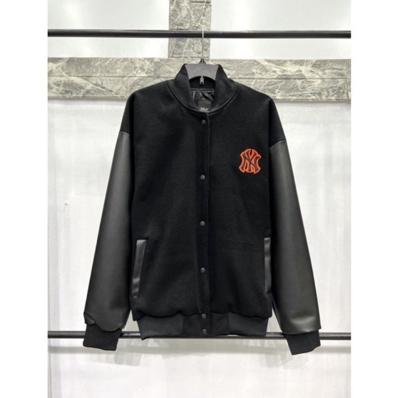 0Áo varsity jacket M.L.B NY dạ dày dặn phối tay da,Áo bomber dạ form rộng nam