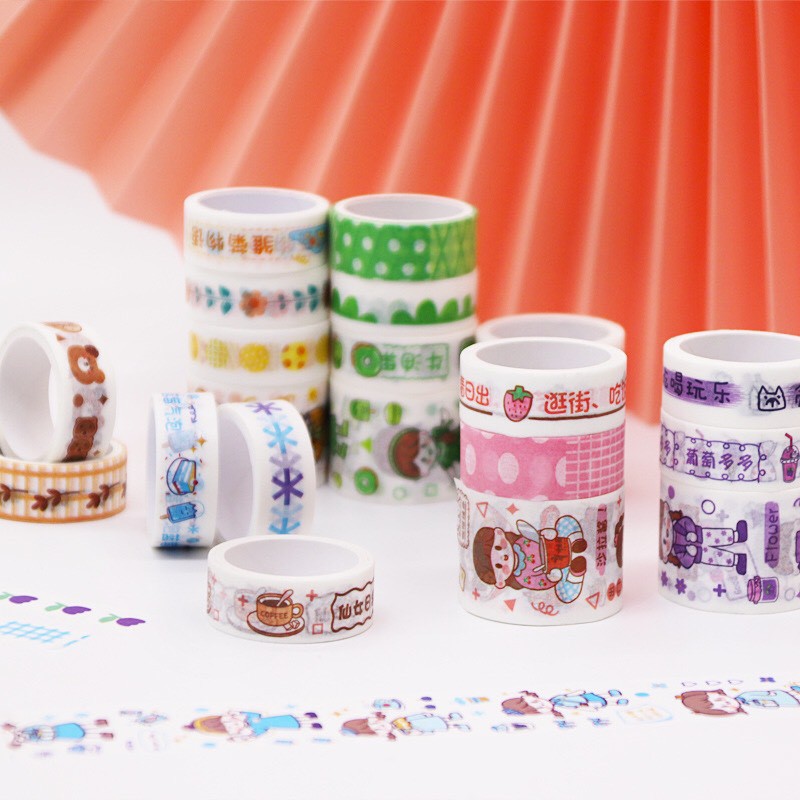 Hộp washi tape 5 cuộn băng dính W01 nhiều màu in họa tiết cute Taro Stationery
