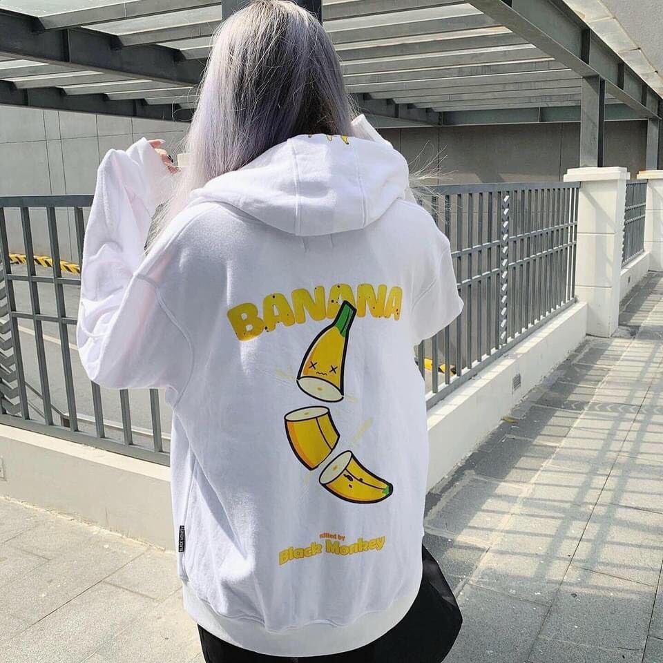 ÁO KHOÁC NỈ DÂY KÉO FORM RỘNG BANANA ULZZANG - ÁO HOODIE NỈ BÔNG CHUỐI ĐEN TRẮNG XANH