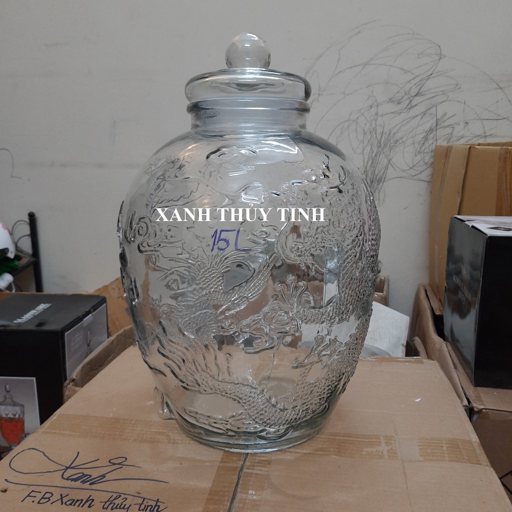 Chum thủy tinh họa tiết rồng phượng, dày dặn - Dung tích - 15 lít