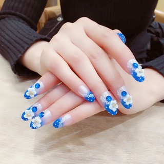 [Hàng mới về] Set 24 móng tay giả họa tiết hoa màu xanh dương trắng nghệ thuật NFX-31