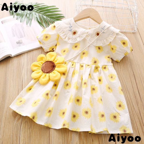 Đầm Chữ A Tay Ngắn Cổ Búp Bê Họa Tiết Hoa Hướng Dương Phong Cách Mới Dành Cho Bé Gái