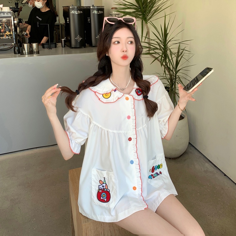 【ZHELIHANGFEI】Áo Sơ Mi Tay Phồng Cổ Búp Bê Thêu Họa Tiết Ngọt Ngào Dễ Phối Đồ