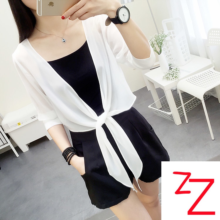 Áo Khoác Cardigan Vải Voan Tay Lửng Cột Dây Kiểu Hàn Quốc Thời Trang Mùa Hè Cho Nữ