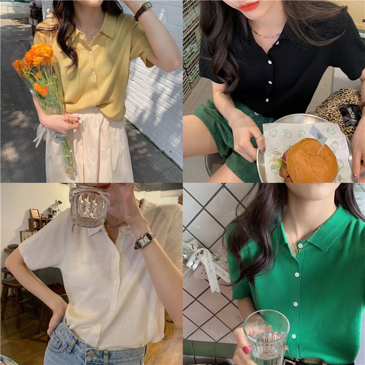 Áo thun POLO dệt kim tay ngắn dáng rộng màu sắc đơn giản dễ phối đồ | BigBuy360 - bigbuy360.vn