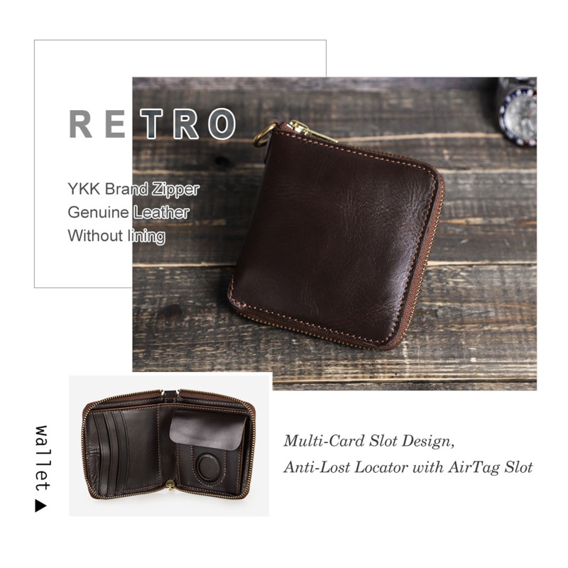 Ví Da Bò Nhiều Ngăn Đựng Thẻ Có Khóa Kéo Chống Thất Lạc Phong Cách Retro Giản Dị Dành Cho Nam