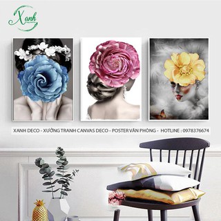 Bộ 3 tranh cô gái cô gái hoa xanh, vàng, hồng trang trí nội thất phong cách Bắc Âu