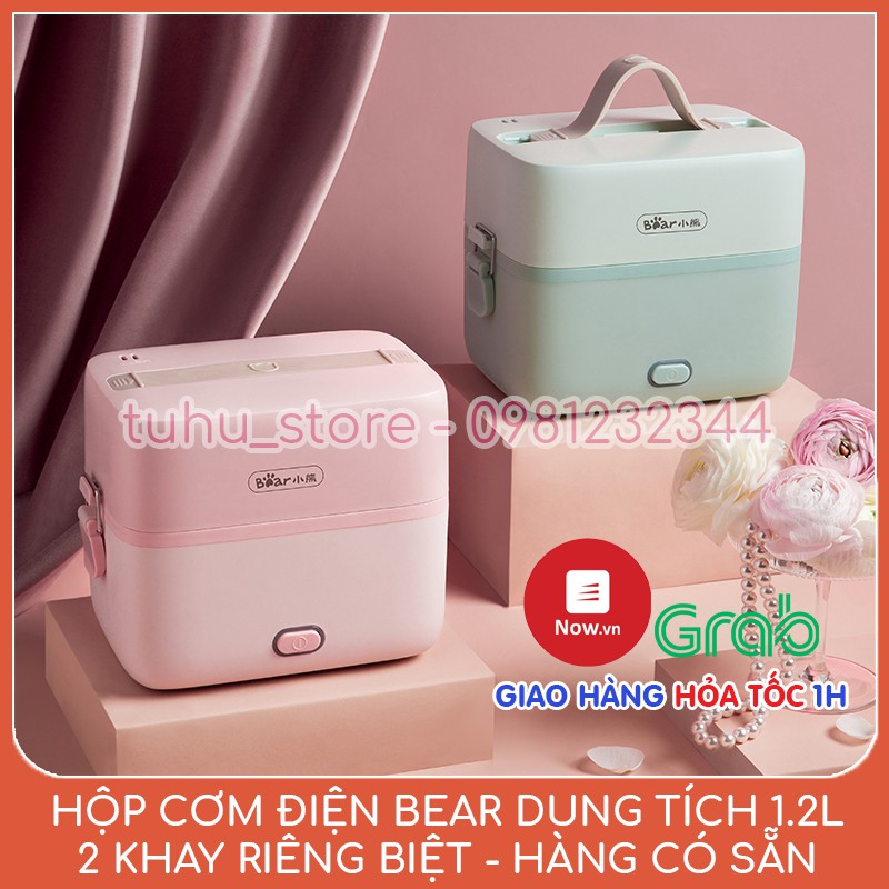 Hộp Cơm Điện Bear 2 Màu Pastel Xanh / Hồng Có 2 Khay Đựng Inox 304 2 Ngăn Riêng Biệt Có Nắp Đậy Dung Tích 1.2L