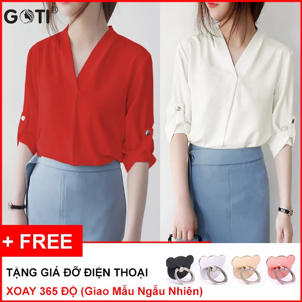 [ GOTI - CÓ HÌNH THẬT] ÁO SƠ MI CÔNG SỞ KIỂU ÁO SƠ MI CỔ ĐẮP CHÉO TAY LỠ PHỐI NÚT GOTI3084 - TẶNG GIÁ ĐỠ NGẪU NHIÊN