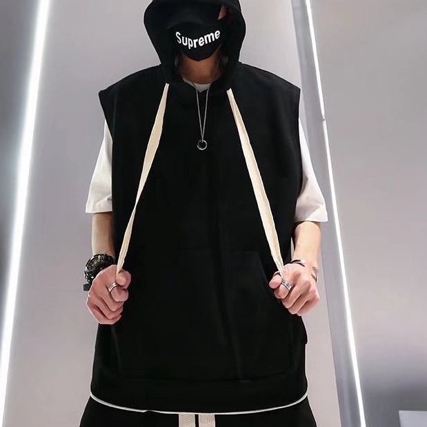 Áo Hoodie Cổ Tròn Không Tay Màu Trơn Đơn Giản Phong Cách Hip Hop Hàn Quốc Thời Trang Cho Nam