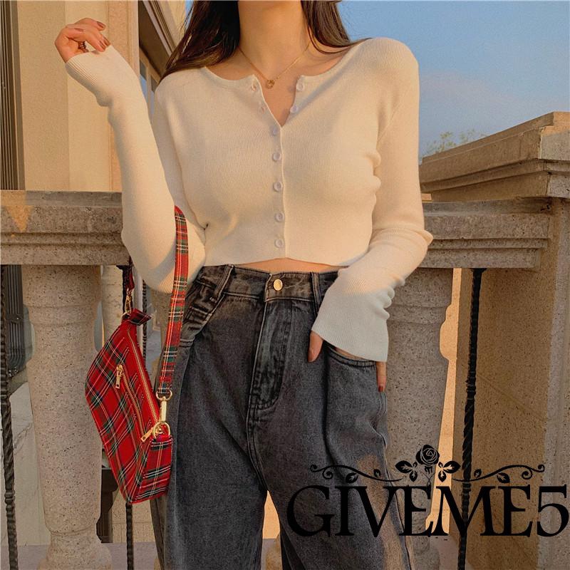 Áo Thun Lửng Dệt Kim Tay Dài Cài Nút Màu Trơn Giản Dị Thời Trang Cho Nữ