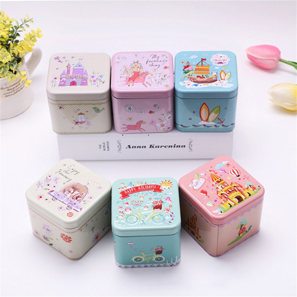 Hộp Thiếc Mini Hình Vuông In Họa Tiết Hoạt Hình Nhiều Màu Sắc Dùng Đựng Trang Sức / Kẹo Tiện Dụng