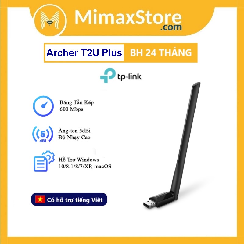 Bộ Chuyển Đổi USB Wifi TP-Link Archer T2U Plus Băng Tần Kép Chuẩn AC 600Mbps | BH 24 Tháng | Mimax Store